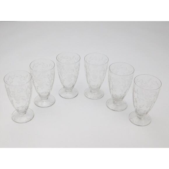 Vintage Heisey Leaf / Floral Etched Crystal Goblet Set of 6 Glasses 5.5